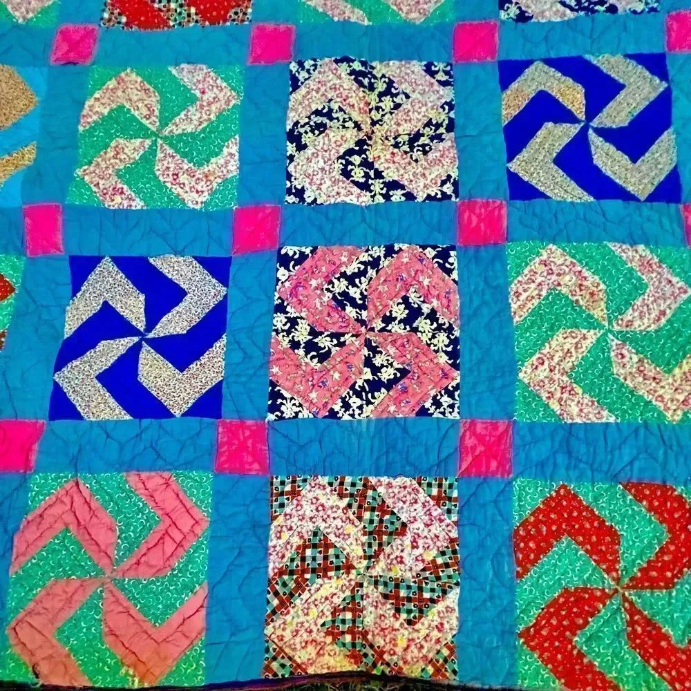 Vintage Hand Stitched Pinwheel Quilt  - 72” 1930’s-1940’s Folk Art Vibrant
